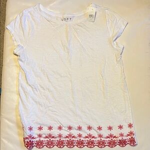 LOFT White Tee with Red Floral Embroidery